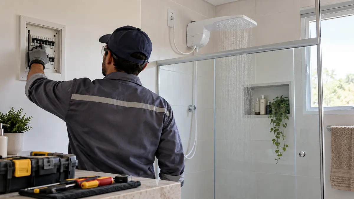 Profissional verificando instalação segura de chuveiro elétrico em Ribeirão Preto