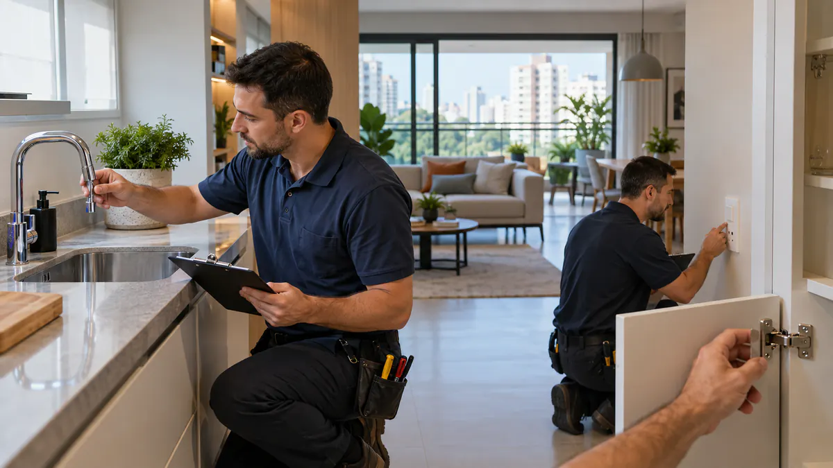 Profissional realizando checklist de manutenção preventiva em apartamento
