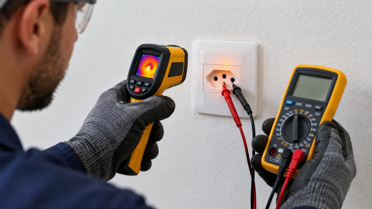 Profissional medindo aquecimento em tomada elétrica residencial