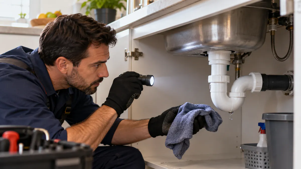 Profissional identificando vazamento de água sob pia de cozinha