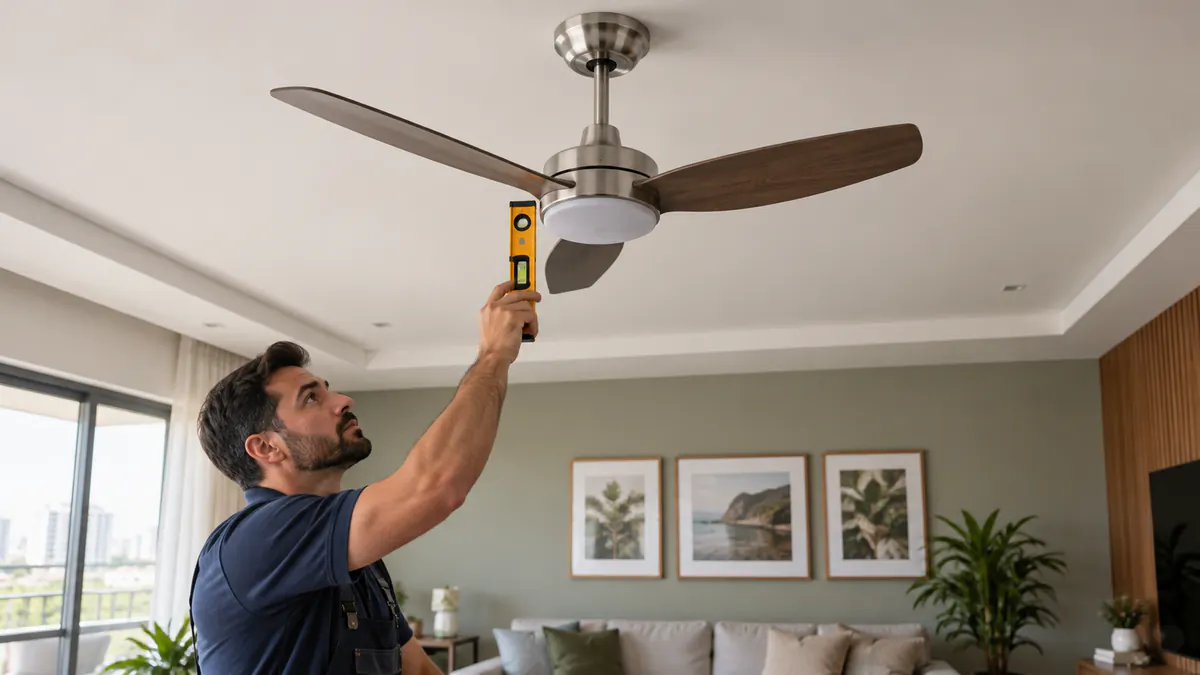 Profissional conferindo o alinhamento de ventilador de teto instalado