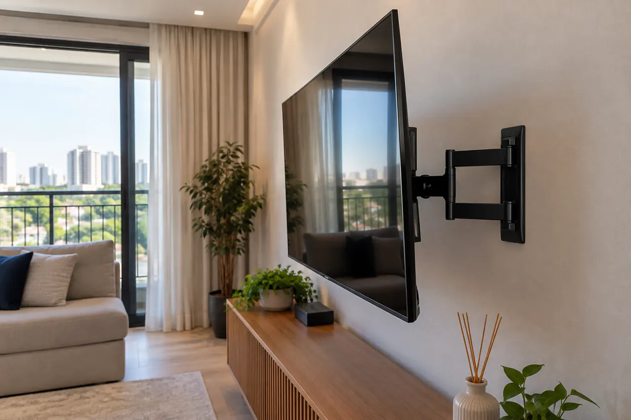 Detalhe do acabamento de instalação de suporte para tv em Ribeirão Preto